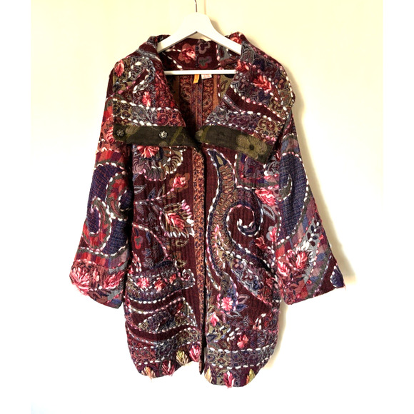 ANU Cardigan Sweater Medium Wool Embroidered Floral Brown Red Boho Art to Wear - Picture 1 of 14